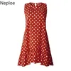 Polka Dot Print Dress Women Fashion O Neck Sleeveless Vestidos Summer Loose Casual Ruffles Knee Length Dresses Femme 210422