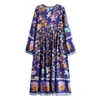 Bohemia Lacing up V neck Location Floral print Dress Ethnic Woman Long Sleeve Tassel Strappy Dresses Holiday 3 Color 210429