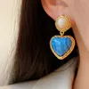 Stud Retro Earring For Women French Style Blue Heart Pendant With Pearl Aros Charm Lady Luxury Gift Jewelry 2021