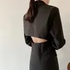 Aelegantmis Design Black Loose Backless Long Blazers Women Solid Sleeve Single Breasted Suit Office Lady Fashion 210607