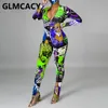 Kvinnor Graffit Printed Slim Jumpsuit Zipper Front Hiphop Overaller Kvinnors Jumpsuits Rompers