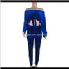 Zestawy Zestawy Odzież damska Odzież Drop Dostawa 2021 Lato Sexy Dwa Kawałki z Topami Off Ramię Casual Kobiety Suit Jogging Pants Blue S