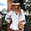 Beach Caftan Dress Cover-ups White Cotton Tunic For Women Pareo Swimsuit Cover up Sexy wear #Q766 210420
