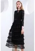 Designer Mode Runway Midi Dress Kvinnors Långärmad Sexig Mesh Patchwork Lace Retro Partyelegant Black Dress 210421
