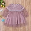 Meisjesjurken Kids Baby Meisje Mesh See Through Dress Long Mouw Ronde hals Kant Mooie Princess Formal Tiered voor de zomer