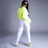 Omsj Kobiety Crop Bluza Z Długim Rękawem Przycięte Z Kapturem Sznurek Kobiet Zip Up Neon Green Autumn Korean Clubwear 210517