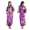 Vrouwen Sexy Zijde Satijn Knielengte Robe Badjas Pauw Bloemenprint Kimono Pyjama Cardigan met zakken 210924