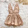 Sexy cetim nightwear para mulheres lace-up onesie sleepwear pijamas verão mangas sem mangas jumpsuit nightie mujer p05905B 210421