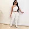 Designer Womens Pants Suit Sexy Bandage Set Halter Hollow Out Crop Tops PU Leather Jogger Sets Rock Style Nightclub Wear 2023