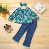 bambini Completi di abbigliamento ragazze Abiti floreali Bambini Stampa floreale Top + Pantaloni in denim con foro + Fascia per capelli 3 pezzi / set Primavera Autunno moda vestiti per bambini