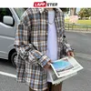 ラップスターメンズハラジュク格子縞のヴィンテージシャツ男日本語ストリートウェアポケットシャツ長袖男性カジュアルボタンアップシャツ210331