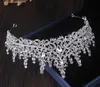 Luksusowy Srebrny Kolor Kryształ Liście Zestawy Bridal Barok Tiaras Korony Kolczyki Choker Necklace Wedding Dubai Biżuteria Zestaw