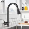 Uythner Matte Black Kitchen Faucet Pull Out Fregadero de cocina Grifos de agua Grifo mezclador de una sola manija Grúas de rotación 360 Montado en cubierta 211108