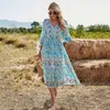 Sommar V-nacke High-Waist A-Line Beach Print Dress Pläterade Flared Sleeves Bohemian Midi Vestido Maxi es för kvinnor 210508