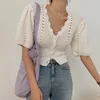 Lucyever Summer Casual Creux Out Mince Cardigan Femmes V Cou Puff Manches Crop Tops Femme Vintage Solid Knit Pull Femme 210521