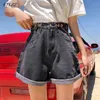 Verão Vintage Mulheres Alto Cintura Botão Azul Denim Shorts Casuais feminino cor sólida perna larga jeans cinza solto 210430