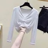 WWENN Tshirt Woman Clothes Tee Shirt Femme Long Sleeve Folds T Women Autumn Tops Slim Short T- Female Korean Cotton 210507