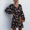 黒い花のプリントのドレスカジュアル長袖のビーチドレスショートエレガントなドレスボホのドレス夏の女性210415