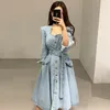 Denim Sukienki Kobiety Bandaż Solidna Wiosna Elegancka Długa Dress Chic Wysoka Talia Vestidos Koean Fashion 16020 210415