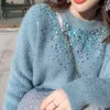 Femmes bleu blanc violet abricot O cou pull tricoté pull à manches longues en vrac automne hiver M0193 210514