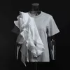 [EAM] Kobiety Szary Białe Nieregularne Ruffles Voile T-shirt Okrągły Neck Krótki Rękaw Moda Wiosna Lato 1DD6625 210512