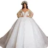 Dubai Vestidos Novia Ball Gown Bröllopsklänning 2022 Långärmad 3d Flower Lace Luxury Bridal Gowns Crystal Beads Bride Robes de Mariée