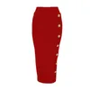 도착 여성 버튼 블랙 블루 붉은 bodycon 붕대 치마 디자이너 높은 허리 높은 거리 파티 클럽 연필 치마 75cm 210724