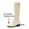 Buckle Genuine Leather Mid Heel Long Boots Women Shoes Square Toe Block Heels Knee High Lace Up Zip Ladies 210517
