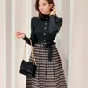 Autumn Korean Elegant Knitted Plaid Patchwork Women Dress Long Sleeve O-neck Lace-up Bow Pleated Midi Dresses Vestido 210603