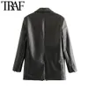 TRAF女性のファッションPUフェイクレザールースブレザーコートビンテージポケット長袖バックベント女性のアウターシックトップ210415