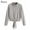 Femmes Casual O Cou Gris Pull Mode Retour Creux Out Tie Up Top Batwing Pull À Manches Longues Dames Jumpers 210414