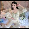 Sleepwear Hurtownie Najnowsze damskie Sexy Silk Nightwear Lato Długie Spodnie Rękawów Pleasearbathrobe CamisoleRetousers Trzy kawałki CVL 38TFT