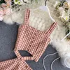 Sommer frauen Anzug Koreanische Retro Quadrat Kragen Plaid Hosenträger Kurze Top + Hohe Taille Rock Sets Dünne Weibliche DE004 210506