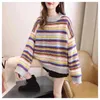 Höst Vinter Kvinnor Mode Pull Jumpers Striped Colorful Flare Sleeve Rainbow Chic Girls Sweater Oversize 210430