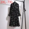 New autumn winter plus size midi dress for women large loose long sleeve floral print flower chiffon dress 3XL 4XL 5XL 6XL 7XL X0521