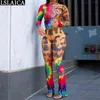 Mode Lange Mouw 2 Peice Set Dames Herfst Leopard Tie Dye Print Turtleneck Tops Flare Broek Casual Streetwear Outfits 210515