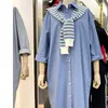 Coréen Chic Casual Mode Tempérament Turn-Down Collier Châle Chemise à manches longues Robe Femmes Summer Blue Robe 16W1083 210510