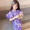 Wiosna Lato Cute Girls Fioletowy Kwiatowy Rękaw Puff Mini Dress Moda Little Princess Casual Suknie Dla Dzieci 210615