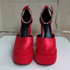 Dress Shoes Brand Design High Quality Real Silk Sheepskin Ladies Platform Pumps 2021 Sexy Rose Red High-heeled Women's Black Size