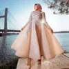 Sparkly Beaded Muslim Prom Dresses High Neck Sequined Long Sleeves Evening Gowns Ankle Length Organza Formal Dress