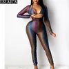 Body Suits for Women Skinny Zipper Sexy Mesh Stitching Jumpsuit Night Club Long Sleeve Colorful Abbigliamento Donna 210520