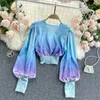 INS FASHION RAINBOW Gradient Color Crop Top Spring Women's Blouse Shirt Deep V-Neck Long Puff Sleeve Slim Summer Blusas 210603