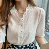 Summer Lace with Button Cardigan Tops Casual Puff Short Sleeve White V-Collar Chiffon Blouse Blusas Mujer De Moda 10051 210417