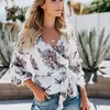 Semcri Blomstryck Kvinnor skjorta 2021 Vår sommar lång lykta ärm Kimono Blus Vintage High Waist Belt Bohemian Women's Blouses Shi