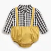 born Baby Boys Plaid Shirt Long Sleeve Clothes Rompers Spring Autumn Toddler Fake Two Piece Triangle Jumpsuits 210429