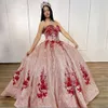 Glitter Sequins Tulle Rose Pink Prom Quinceanera Dresses Red Floral Applique Beading Strapless Corset Back Princess Sweet 16 Dress Communion Party