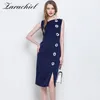 Office Ladies Navy Blue Runway Women Elegant Floral Appliques Button Bodycon Split Midi Summer Sleeveless Vest Dress 210416