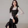 Spring Women Two Piece Sets Sexy Lace Long Sleeve Shirt and Elegant Black Bodycon Single-breasted Female Slim Mermaid Dress 210519