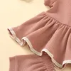 100% algodão nascido meninas meninas waffle knit roupas conjunto o-pescoço babados t-shirt e shorts verão roupa de criança 210529