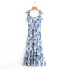 Summer Sukienki Kobiety 2020 Vintage Blue White Floral Print Dress Kobieta Sexy Spaghetti Pasek Krawat Szyfonowa Elegancka Ruffle Midi Dress X0521